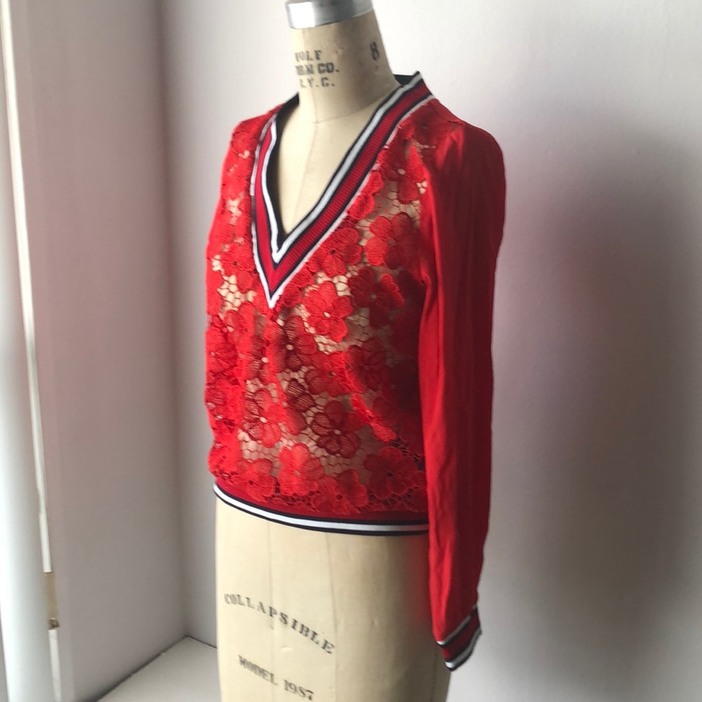 Tommy Hilfiger Red Floral Lace Long Sleeve Top